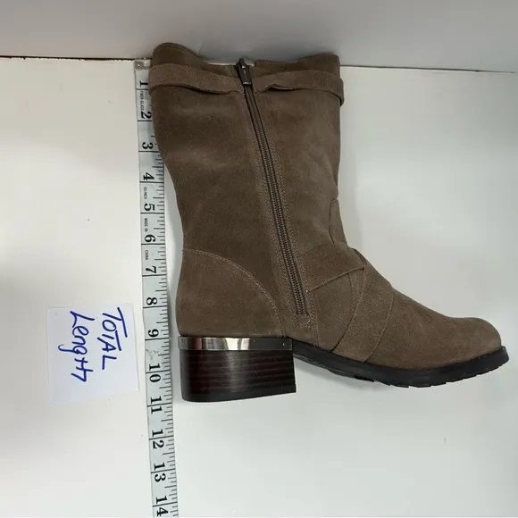 VINCE CAMUTO Walleya2 Mid Calf Boots Size 8.5M Suede Tan Leather Side Zi…