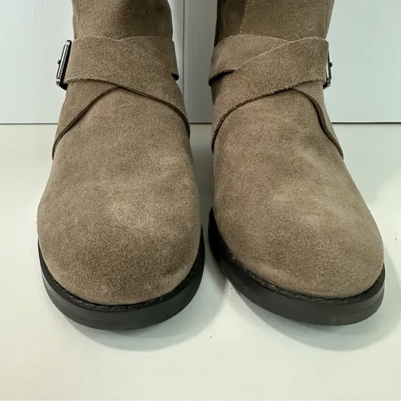 VINCE CAMUTO Walleya2 Mid Calf Boots Size 8.5M Suede Tan Leather Side Zi…