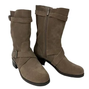 VINCE CAMUTO Walleya2 Mid Calf Boots Size 8.5M Suede Tan Leather Side Zi…
