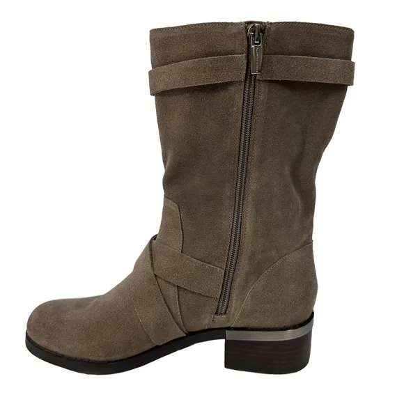 VINCE CAMUTO Walleya2 Mid Calf Boots Size 8.5M Suede Tan Leather Side Zi…
