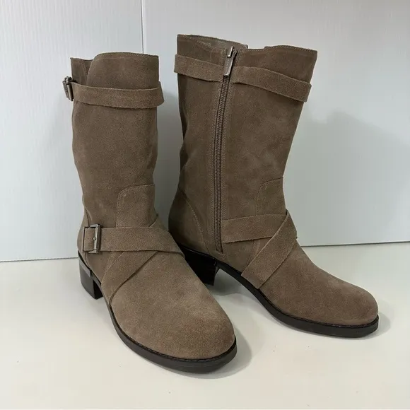 VINCE CAMUTO Walleya2 Mid Calf Boots Size 8.5M Suede Tan Leather Side Zi…