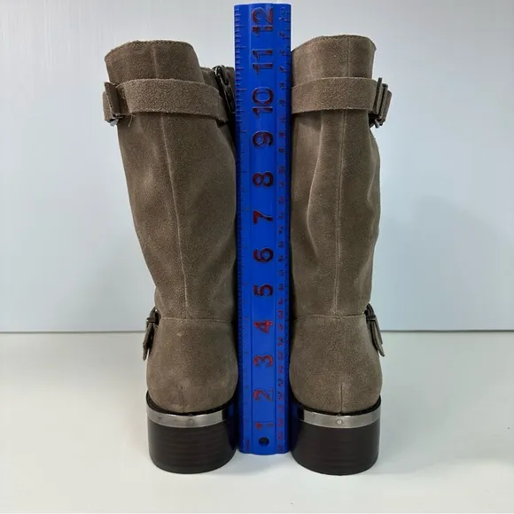 VINCE CAMUTO Walleya2 Mid Calf Boots Size 8.5M Suede Tan Leather Side Zi…