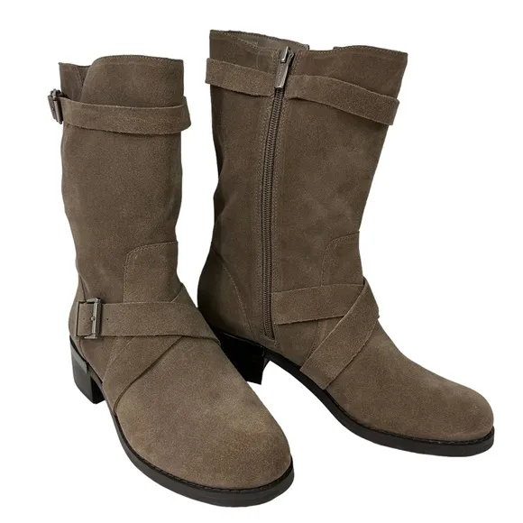 VINCE CAMUTO Walleya2 Mid Calf Boots Size 8.5M Suede Tan Leather Side Zi…
