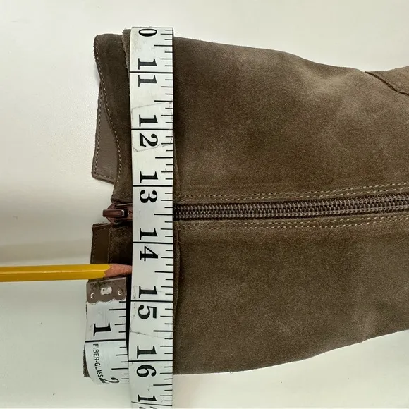 VINCE CAMUTO Walleya2 Mid Calf Boots Size 8.5M Suede Tan Leather Side Zi…