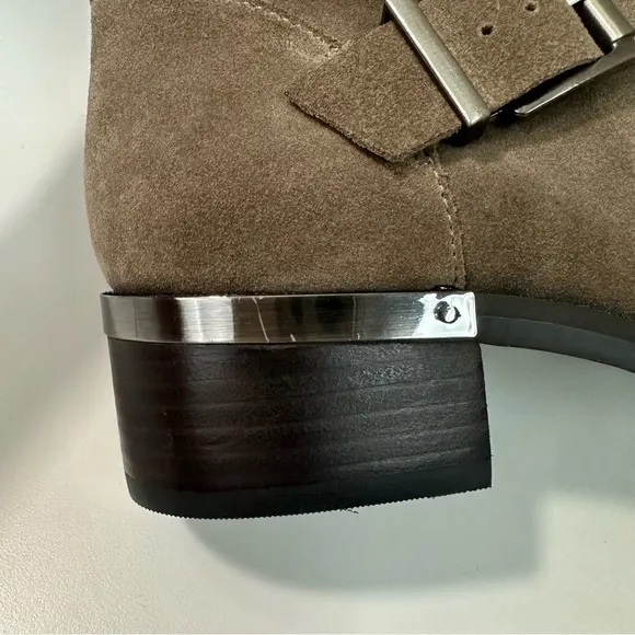 VINCE CAMUTO Walleya2 Mid Calf Boots Size 8.5M Suede Tan Leather Side Zi…