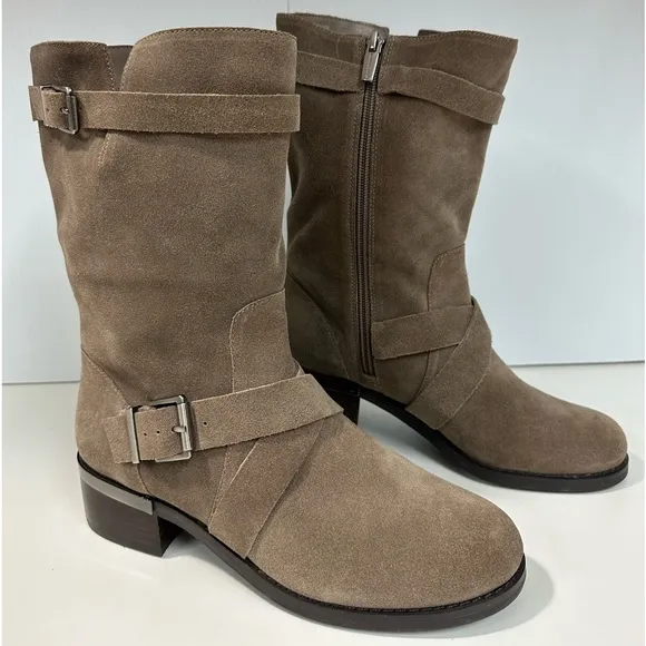 VINCE CAMUTO Walleya2 Mid Calf Boots Size 8.5M Suede Tan Leather Side Zi…