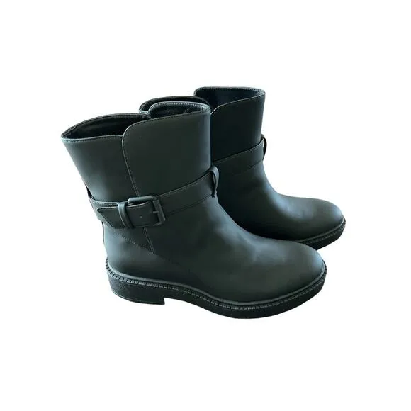 Vince Kaelyn Leather Ankle Boots Waterproof Pull On Buckle Strap Black Size 8M