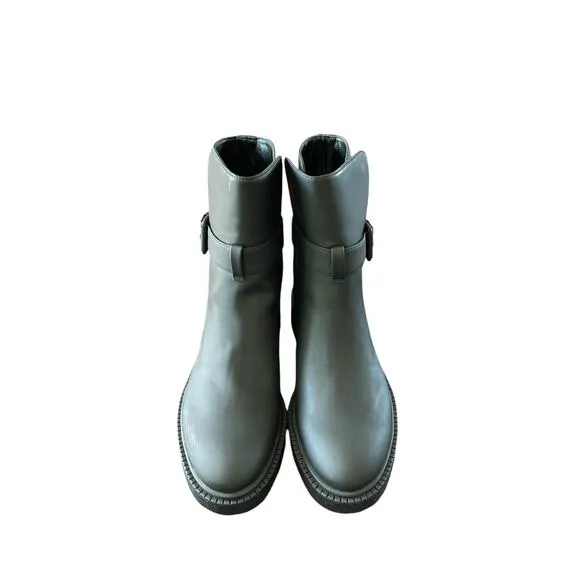 Vince Kaelyn Leather Ankle Boots Waterproof Pull On Buckle Strap Black Size 8M