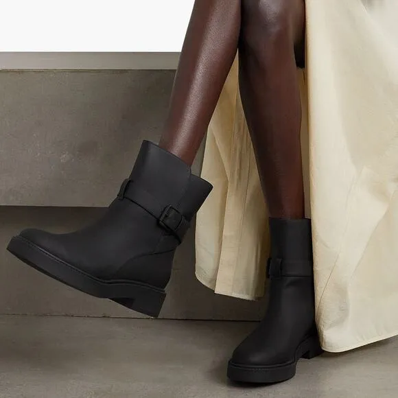 Vince Kaelyn Leather Ankle Boots Waterproof Pull On Buckle Strap Black Size 8M