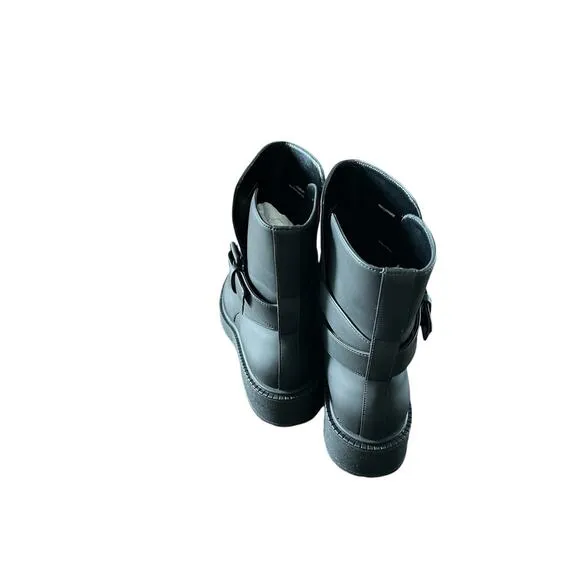 Vince Kaelyn Leather Ankle Boots Waterproof Pull On Buckle Strap Black Size 8M