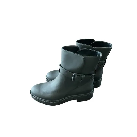 Vince Kaelyn Leather Ankle Boots Waterproof Pull On Buckle Strap Black Size 8M