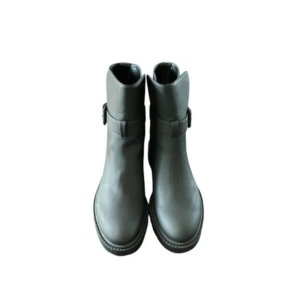 Vince Kaelyn Leather Ankle Boots Waterproof Pull On Buckle Strap Black Size 8M
