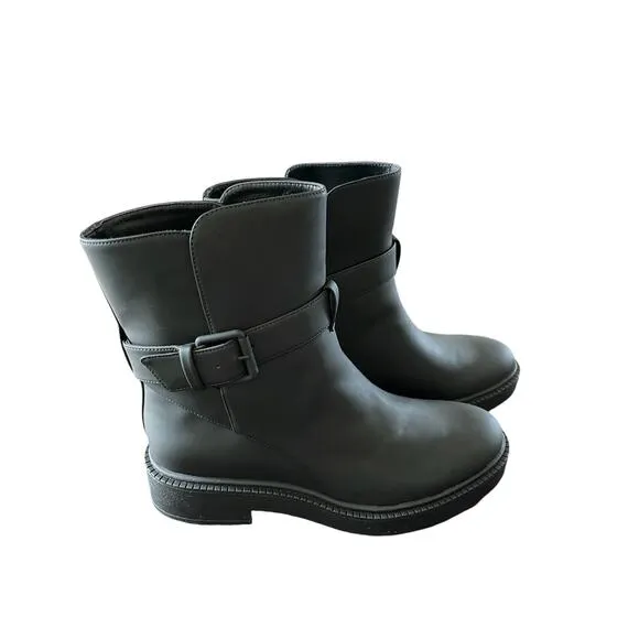Vince Kaelyn Leather Ankle Boots Waterproof Pull On Buckle Strap Black Size 8M