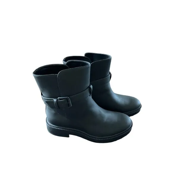 Vince Kaelyn Leather Ankle Boots Waterproof Pull On Buckle Strap Black Size 8M
