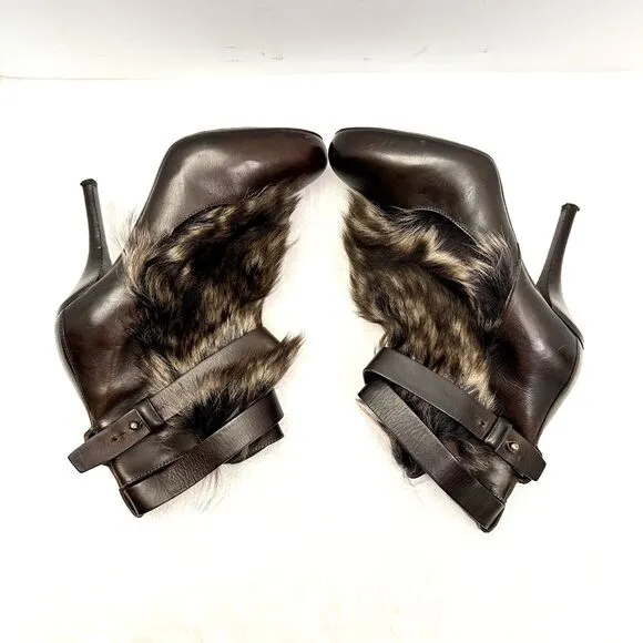 VINCE Women's High Heel Brown Leather Fur Bootie Ankle Strap Sz 7M Made in Italy