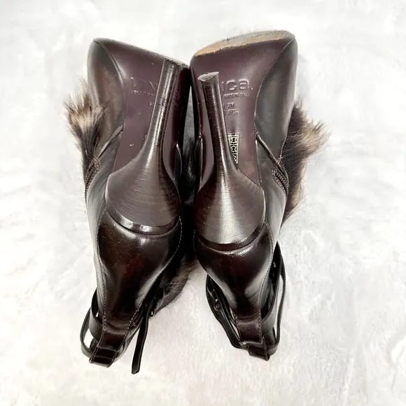 VINCE Women's High Heel Brown Leather Fur Bootie Ankle Strap Sz 7M Made in Italy