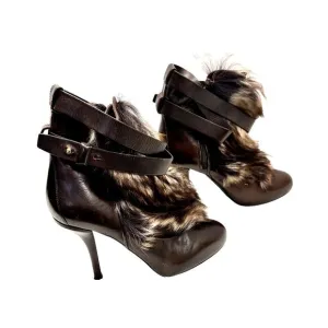 VINCE Women's High Heel Brown Leather Fur Bootie Ankle Strap Sz 7M Made in Italy