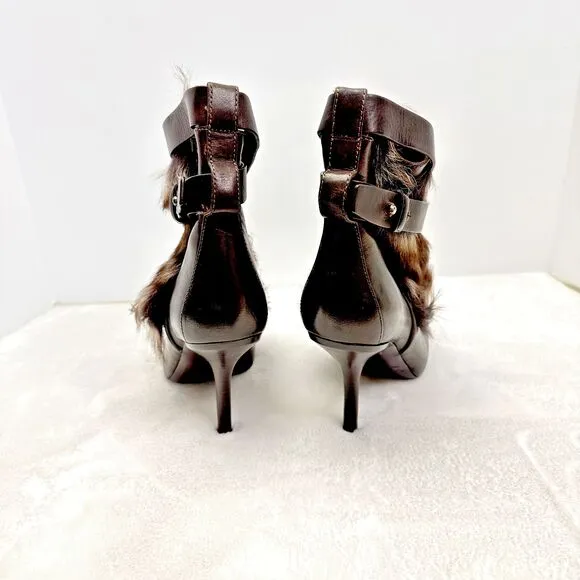 VINCE Women's High Heel Brown Leather Fur Bootie Ankle Strap Sz 7M Made in Italy