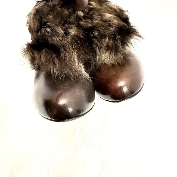 VINCE Women's High Heel Brown Leather Fur Bootie Ankle Strap Sz 7M Made in Italy