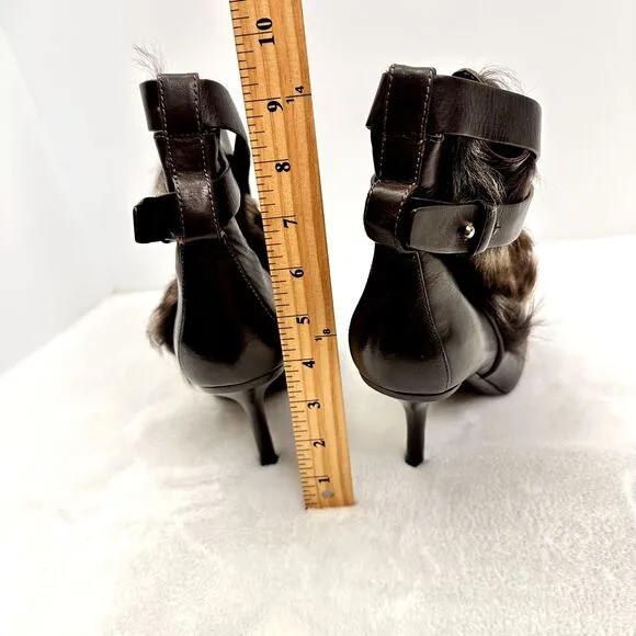 VINCE Women's High Heel Brown Leather Fur Bootie Ankle Strap Sz 7M Made in Italy