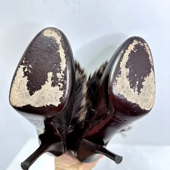 VINCE Women's High Heel Brown Leather Fur Bootie Ankle Strap Sz 7M Made in Italy