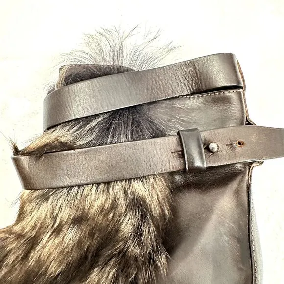 VINCE Women's High Heel Brown Leather Fur Bootie Ankle Strap Sz 7M Made in Italy