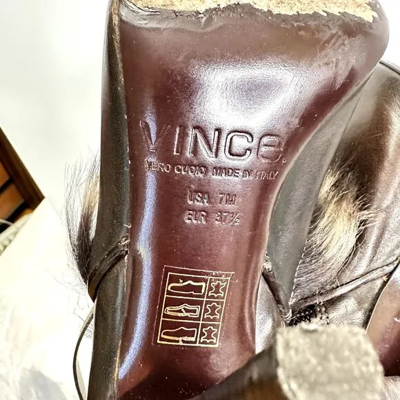 VINCE Women's High Heel Brown Leather Fur Bootie Ankle Strap Sz 7M Made in Italy