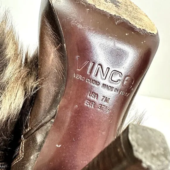 VINCE Women's High Heel Brown Leather Fur Bootie Ankle Strap Sz 7M Made in Italy