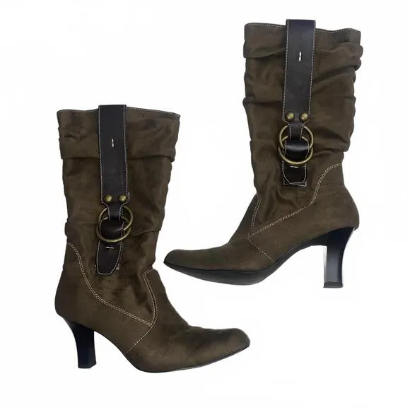 Vintage 2000s Brown Suede Ruched Heeled Boots 8