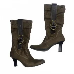 Vintage 2000s Brown Suede Ruched Heeled Boots 8
