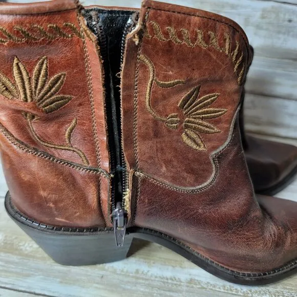 Vintage Code West Leather Women's Floral Cowboy Boots Ankle 7M Made in Mexico
