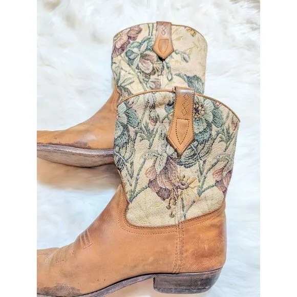 Vintage Floral Canvas‎ &amp; Leather Western Cowgirl Ankle Boots Brown Sz 8