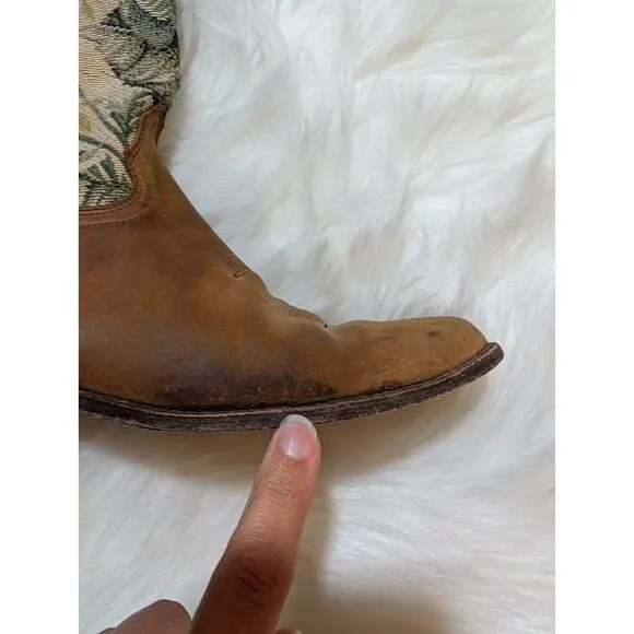 Vintage Floral Canvas‎ &amp; Leather Western Cowgirl Ankle Boots Brown Sz 8