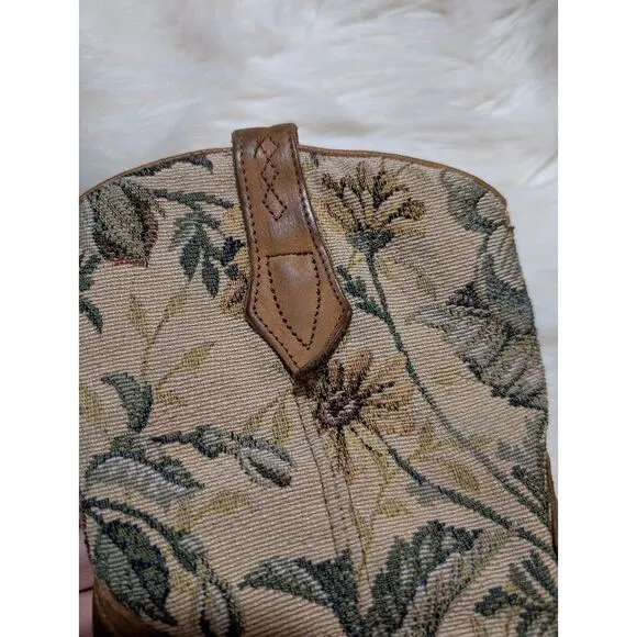 Vintage Floral Canvas‎ &amp; Leather Western Cowgirl Ankle Boots Brown Sz 8