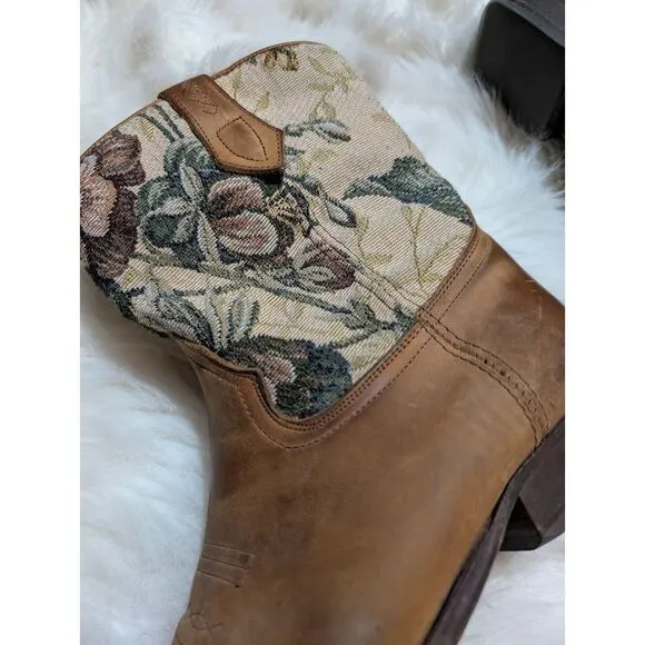 Vintage Floral Canvas‎ &amp; Leather Western Cowgirl Ankle Boots Brown Sz 8