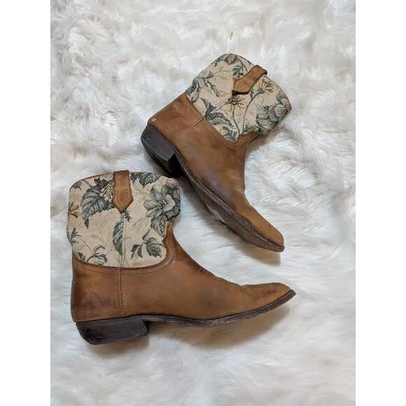 Vintage Floral Canvas‎ &amp; Leather Western Cowgirl Ankle Boots Brown Sz 8