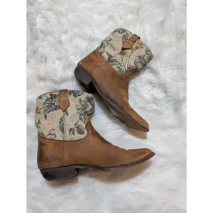 Vintage Floral Canvas‎ &amp; Leather Western Cowgirl Ankle Boots Brown Sz 8
