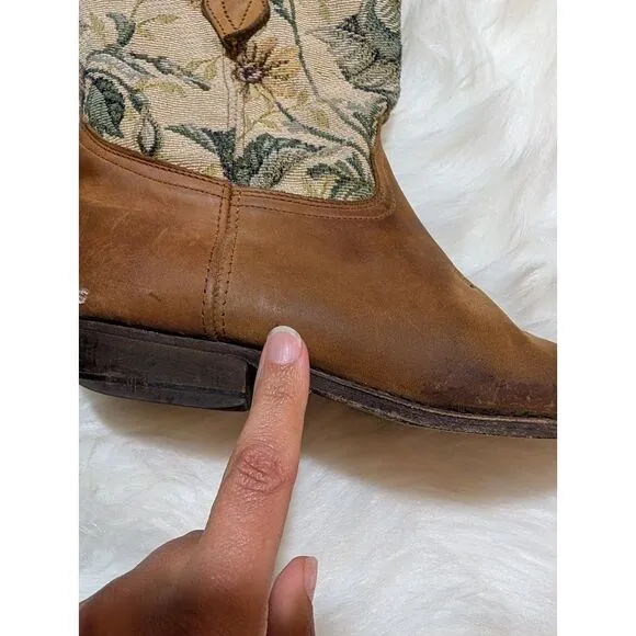 Vintage Floral Canvas‎ &amp; Leather Western Cowgirl Ankle Boots Brown Sz 8