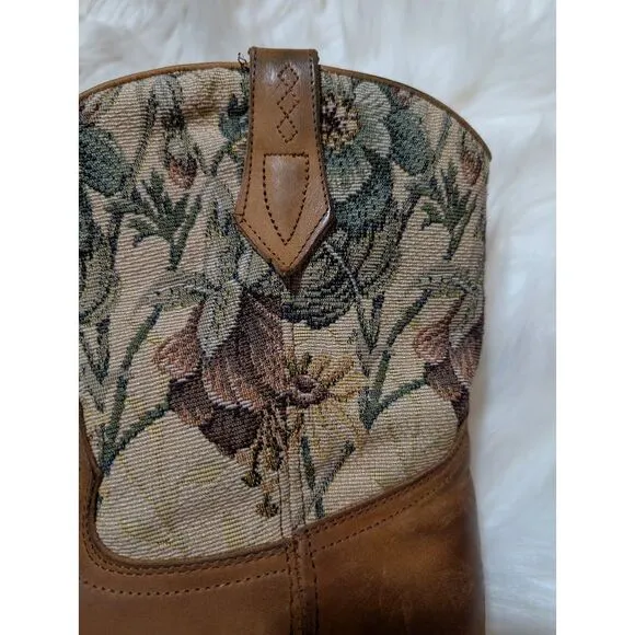 Vintage Floral Canvas‎ &amp; Leather Western Cowgirl Ankle Boots Brown Sz 8
