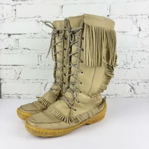 Vintage Lace Up Fringe Moccasin Boots