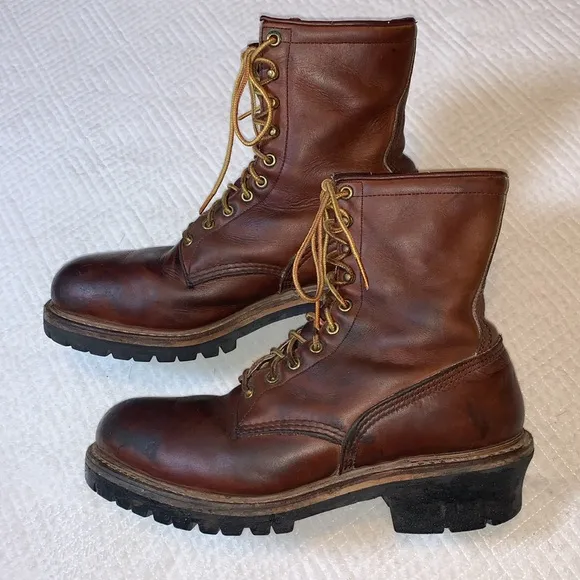 Vintage Red Wing Logger Boots, Vibram Sole Made in USA, Brown Leather, Size 10.5
