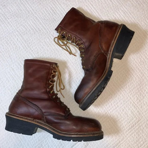 Vintage Red Wing Logger Boots, Vibram Sole Made in USA, Brown Leather, Size 10.5