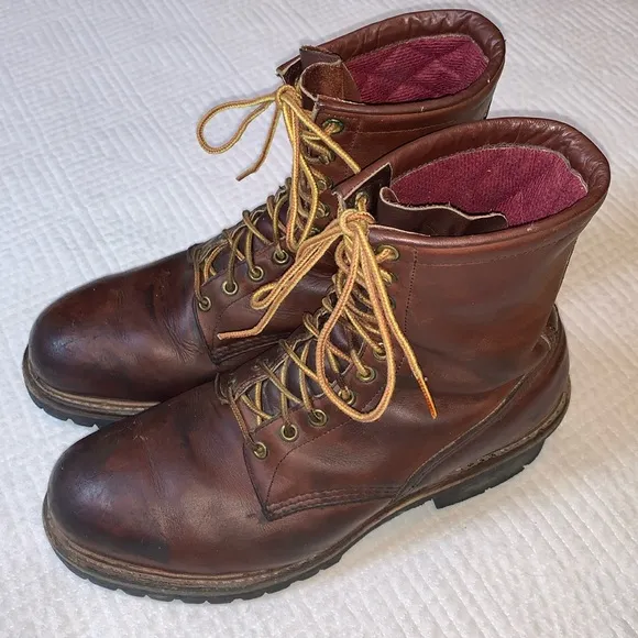 Vintage Red Wing Logger Boots, Vibram Sole Made in USA, Brown Leather, Size 10.5