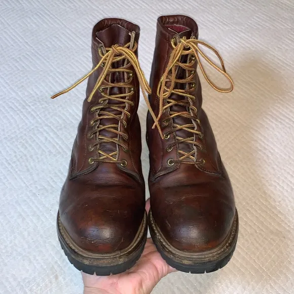 Vintage Red Wing Logger Boots, Vibram Sole Made in USA, Brown Leather, Size 10.5