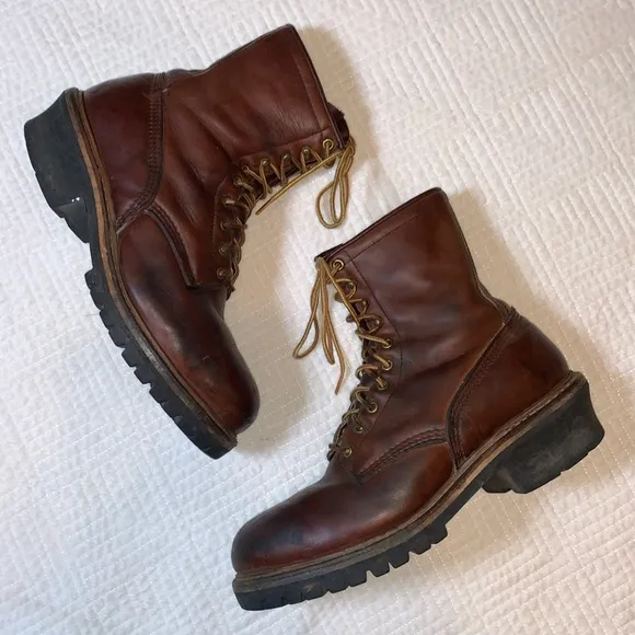 Vintage Red Wing Logger Boots, Vibram Sole Made in USA, Brown Leather, Size 10.5