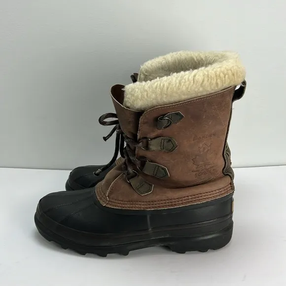 Vintage Sorel Bighorn Boots Made In Canada Brown Leather Winter Snow Mens 9