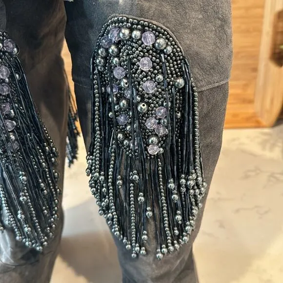 Vintage Suede Fringe Beaded Tall Suede Boots western festival size 8.5