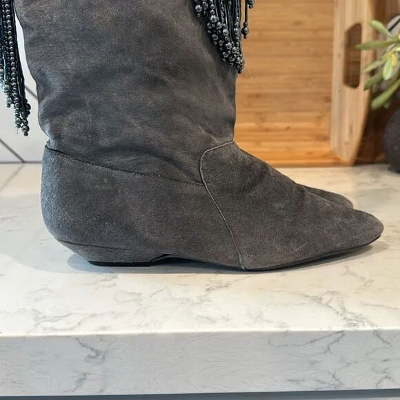 Vintage Suede Fringe Beaded Tall Suede Boots western festival size 8.5