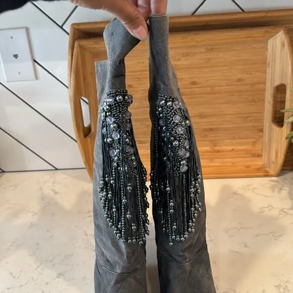 Vintage Suede Fringe Beaded Tall Suede Boots western festival size 8.5