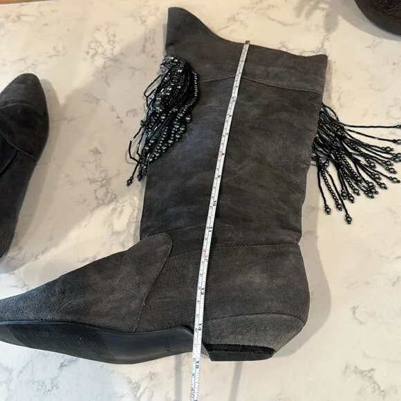 Vintage Suede Fringe Beaded Tall Suede Boots western festival size 8.5
